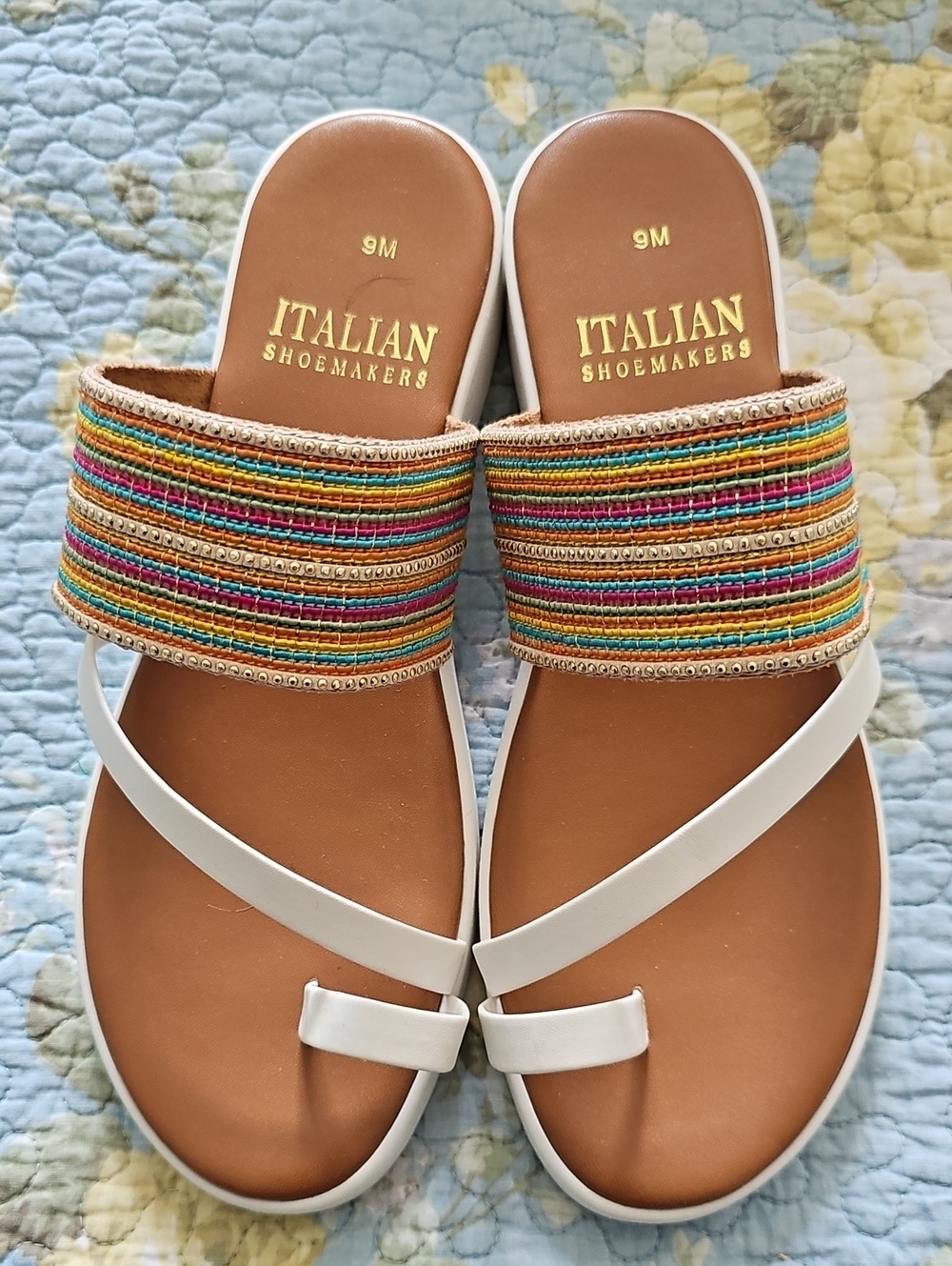 Italian Shoemakers White Slide Sandals with Multicolor Straps